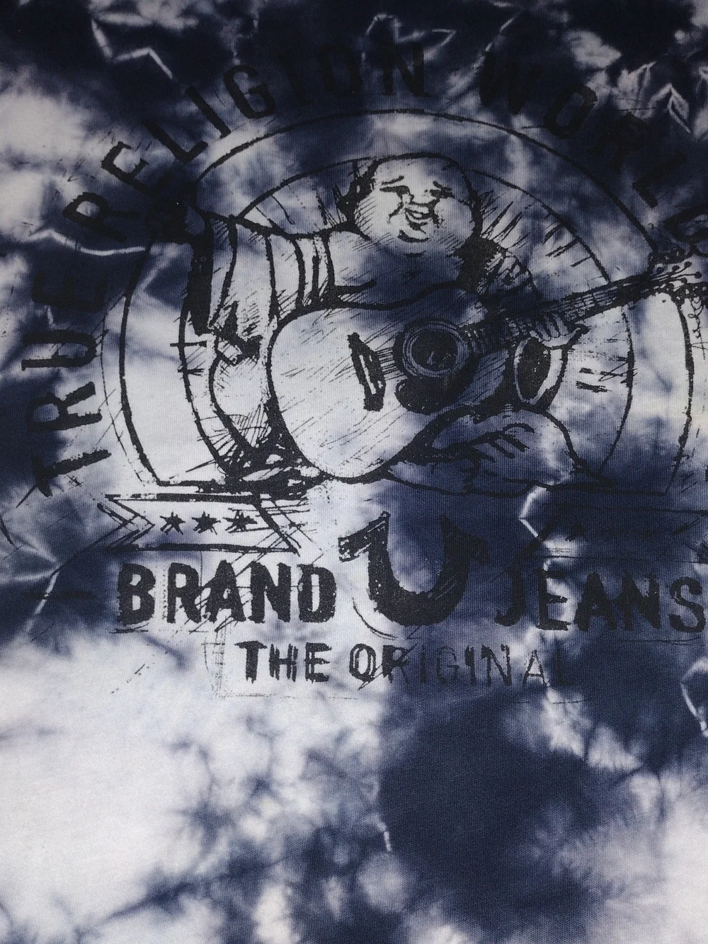True Religion Men's XL Navy and White Tie-Dye Graphic Tee with Guitar Buddha